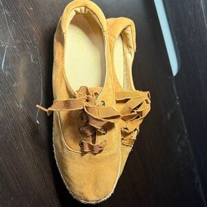 Vionic Mustard Suede Ribbon-Lace Espadrille Flats